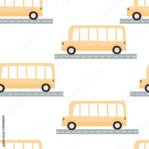 seamless pattern with cartoon buses, decor elements. Colorful vector flat style for kids. hand drawing. baby design for fabric, print, wrapper, textile
