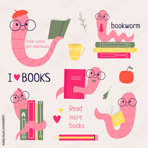 Bookworm.Read more books. A set of different bookworm in glasses and books. Hand-drawn educational vector illustrations.  Cartoon style