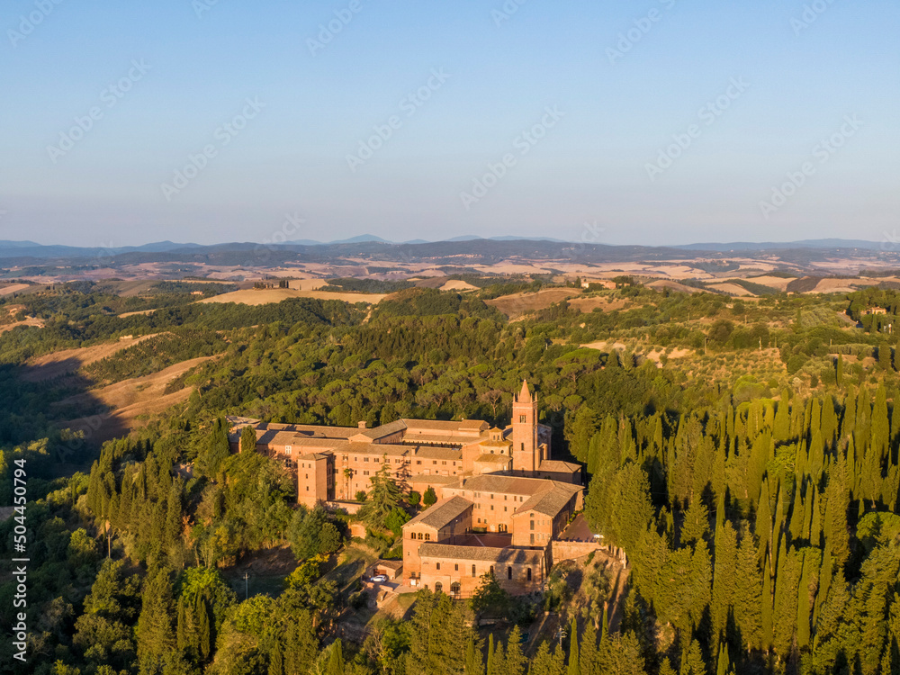 Aerial view of the Abbey of Monte Oliveto Maggiore - obrazy, fototapety, plakaty 