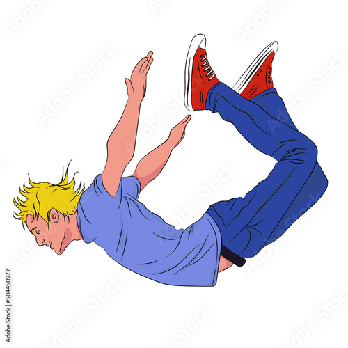 Young man in free fall, youth style, model feeling freedom.