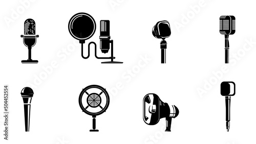 Vector illustration set of icons microphones on white background. Equipment for podcasts, concerts, speakers, karaoke and radio broadcast in flat style.