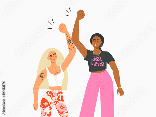 Two girls of different nationalities. Fight for rights, independence, equality. Raised fists up. Friendship poster, feminist union or sisterhood. The concept of gender equality and the women's empower
