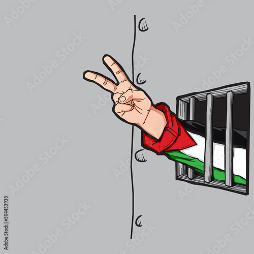 Vector illustration of a Palestinian hand with two fingers symbolizing peace in a prison. Suitable for posters of moral messages and a form of solidarity with Palestine
