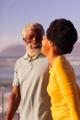 Cheerful african american couple talking while standing at beach and clear blue sky at sunset