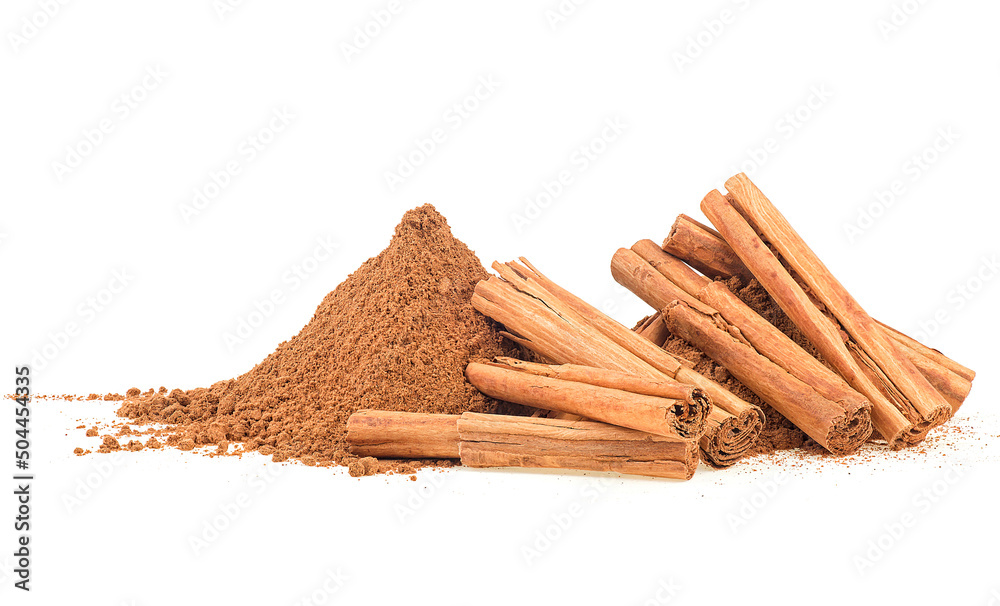 Ceylon cinnamon sticks and pile of ground cinnamon isolated on a white background - obrazy, fototapety, plakaty 