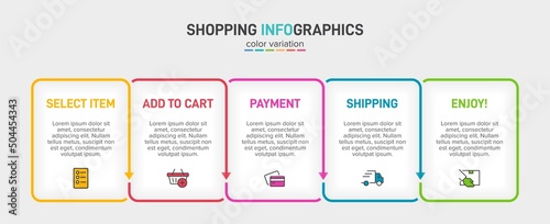 Concept of shopping process with 5 successive steps. Five colorful graphic elements. Timeline design for brochure, presentation, web site. Infographic design layout.
