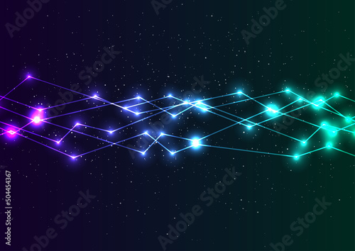 Green violet neon curved connection lines tech background. Vector design