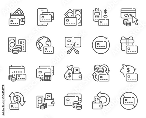 Credit card line icons. Payment card terminal, bankrupt and contactless pay set. Bank atm exchange, cut credit card and CVV code line icons. POS terminal, online bank payment, wallet. Vector