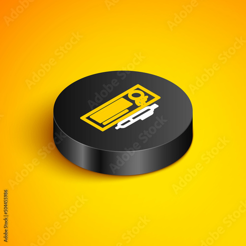 Isometric line Blank template of the bank check and pen icon isolated on yellow background. Checkbook cheque page with empty fields to fill. Black circle button. Vector