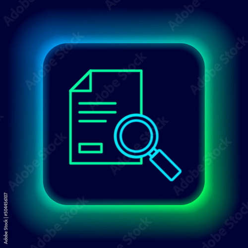 Glowing neon line Document with search icon isolated on black background. File and magnifying glass icon. Analytics research sign. Colorful outline concept. Vector