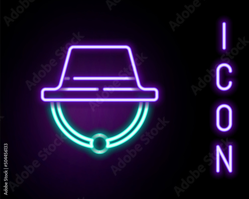 Glowing neon line Camping hat icon isolated on black background. Beach hat panama. Explorer travelers hat for hunting, hiking, tourism. Colorful outline concept. Vector