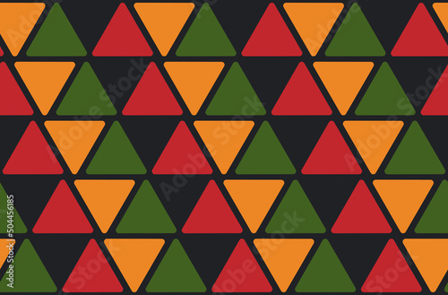 Abstract Kwanzaa, Black History Month, Juneteenth seamless pattern with triangles in traditional African colors - black, red, yellow, green. Vector minimalist African background design