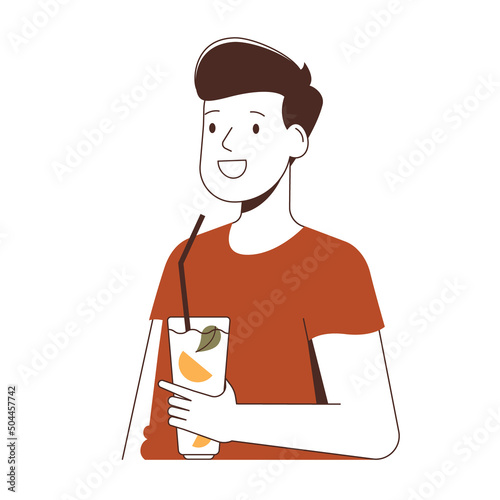 Illustration of a happy young man drinking smoothie. Minimalist flat vector design.