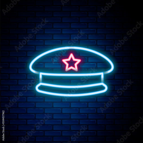 Glowing neon line Military beret icon isolated on brick wall background. Soldiers cap. Army hat. War baret. Colorful outline concept. Vector