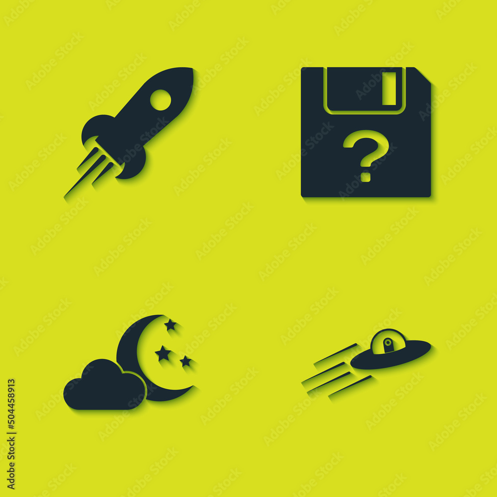 Set Rocket ship with fire, UFO flying spaceship and alien, Cloud moon stars and Unknown document icon. Vector Set Rocket ship with fire, UFO flying spaceship and alien, Cloud moon stars and Unknown document icon. Vector