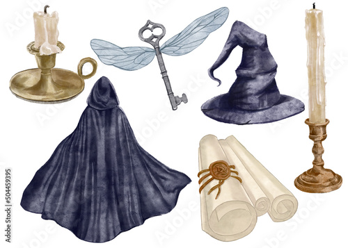 A set of watercolor illustrations with magical elements - crystal, sorcerer, raven, spell books, mushrooms. Mystical elements for alchemy.
