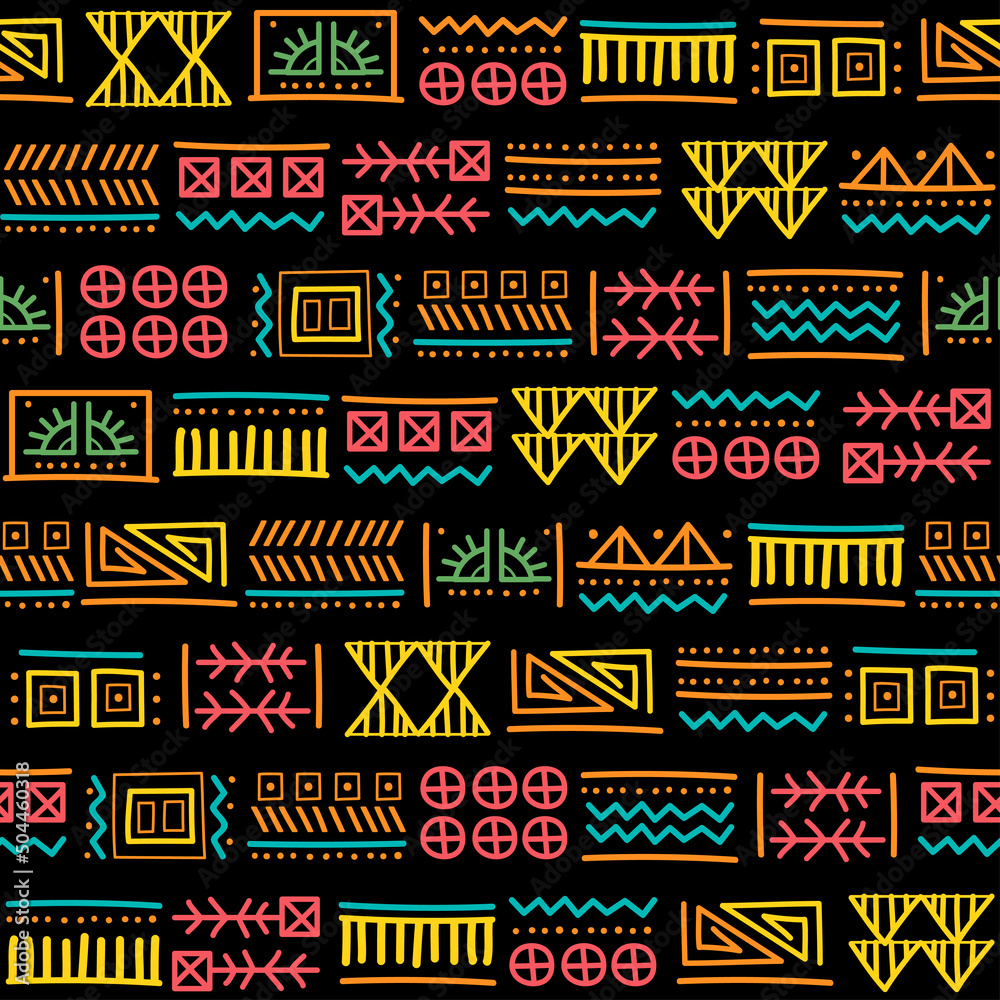 Mayan patchwork seamless pattern. Tribal geometric vector swatch. Zigzag background for cover design. Retro chevron line vector print. Navajo ornamental texture. Bright multicolor background - obrazy, fototapety, plakaty 