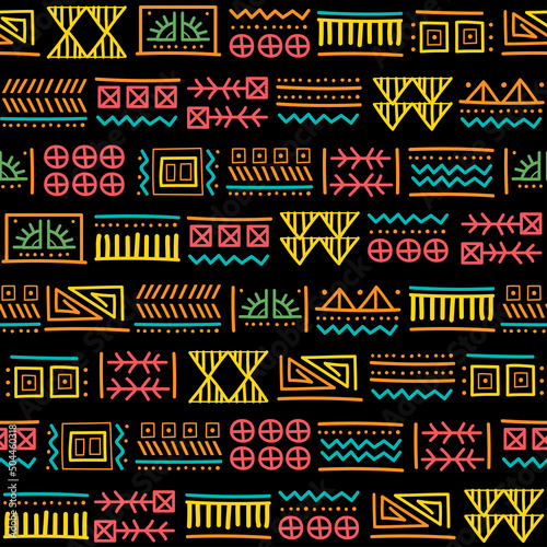 Mayan patchwork seamless pattern. Tribal geometric vector swatch. Zigzag background for cover design. Retro chevron line vector print. Navajo ornamental texture. Bright multicolor background