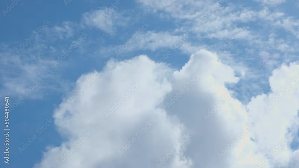 Large white fluffy clouds slowly float across the bright blue sky. background, texture of the sunny sky