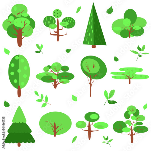 Flat trees nature eco foliage set. Forest tree nature plants isolated on white background. Simple icons cute vector of pine and deciduous trees. Oak  spruce  trunk  aspen  alder  poplar  chestnut.