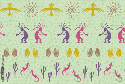Traditional, design with trickster god, swirl icons on human palm, sun, eagle.