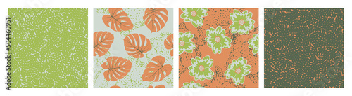 Grain texture and floral seamless pattern vector set. Botanical design of primula and monstera leaves.