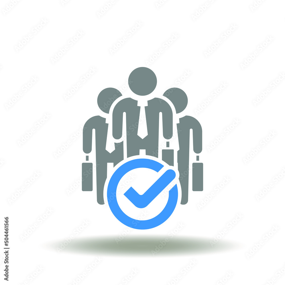 Vector illustration of business people team with briefacases and check mark. Icon of social capital. Symbol of successful teamwork. Sign of venture capital investment. Vector illustration of business people team with briefacases and check mark. Icon of social capital. Symbol of successful teamwork. Sign of venture capital investment.