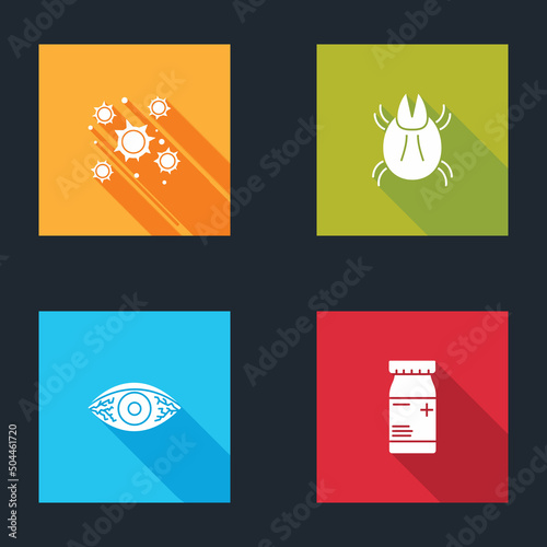 Set Bacteria, Parasite mite, Reddish eye allergic conjunctivitis and Medicine bottle and pills icon. Vector
