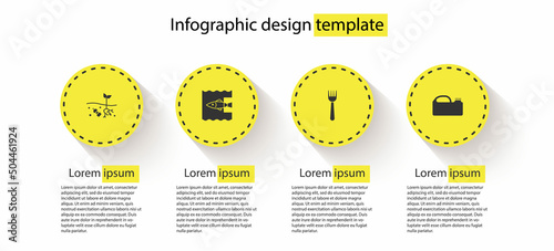 Set Problem of pollution planet, Stop ocean plastic, Disposable fork and Canister machine oil. Business infographic template. Vector