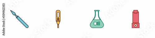 Set Medical surgery scalpel, digital thermometer, Test tube and flask and Inhaler icon. Vector