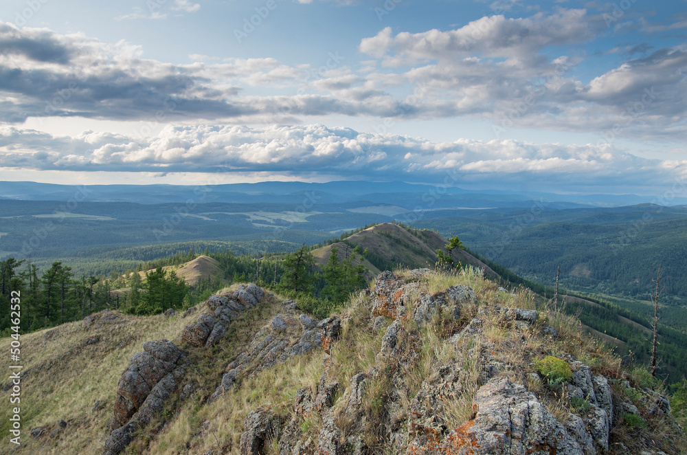 Southern Urals, Ural Mountains in summer. The top of a mountain ridge.