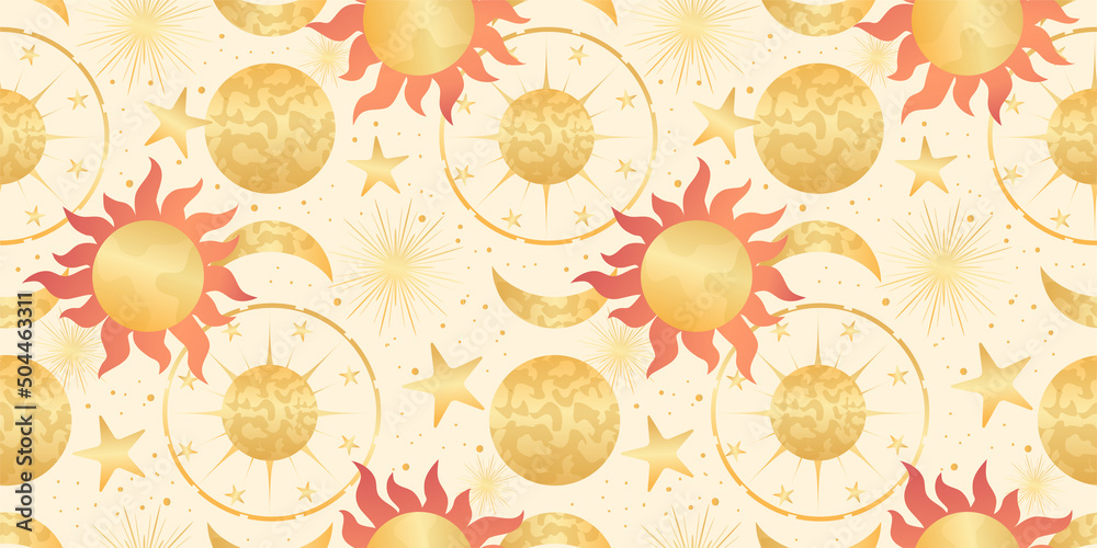 Star celestial seamless pattern with sun and planet. Magical astrology in vintage boho style. Golden sun with rays and moon. Vector illustration. Star celestial seamless pattern with sun and planet. Magical astrology in vintage boho style. Golden sun with rays and moon. Vector illustration.