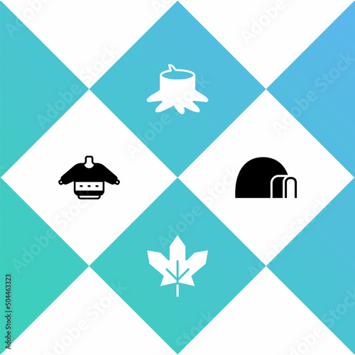 Set Christmas sweater, Canadian maple leaf, Tree stump and Igloo ice house icon. Vector