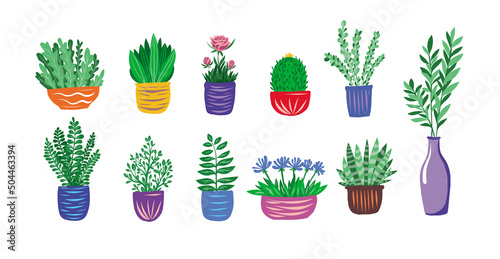 Pot with flowers. Home plants and flowers. Flowering plant, botanical pot.Vector illustration.