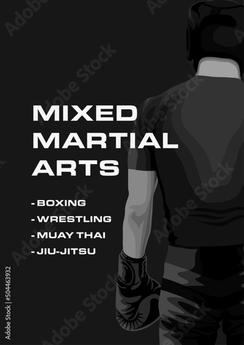 MMA black and white vector vertical poster with fighter illustration on black background. Banner