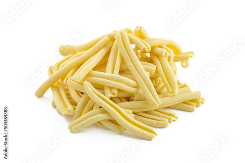 Fresh Italian casarecce pasta isolated on a white background