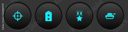 Set Target sport, Military rank, reward medal and tank icon. Vector