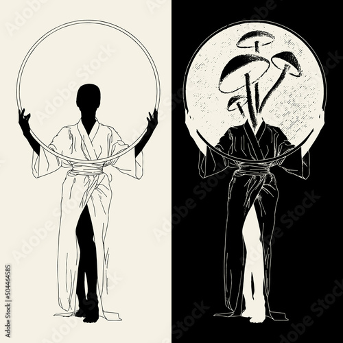 Vector hand drawn minimalistic illustration of woman with mushrooms. Creative artwork. Template for card, poster, banner, print for t-shirt, pin, badge, patch.