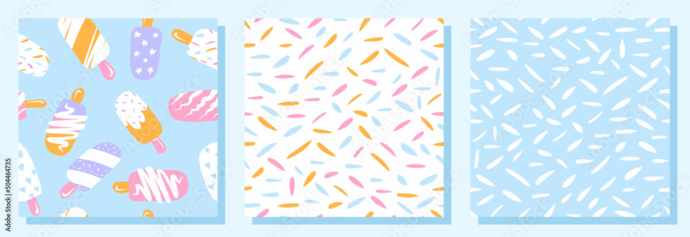 Ice cream pattern. Seamless illustration. Vector set. 