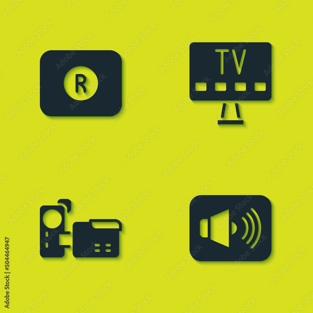Set Record button, Speaker volume, Cinema camera and Smart Tv icon. Vector Set Record button, Speaker volume, Cinema camera and Smart Tv icon. Vector