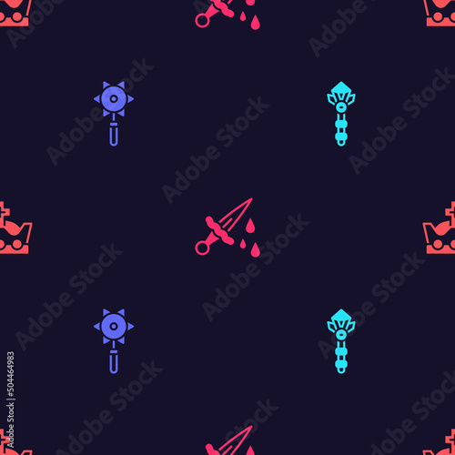 Set Magic wand, Medieval chained mace ball, Sword with blood and King crown on seamless pattern. Vector