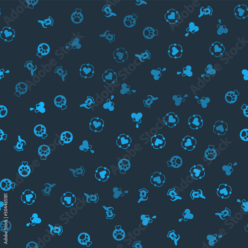 Set Shelter for homeless, Volunteer, Blood donation and Heart with animals footprint on seamless pattern. Vector