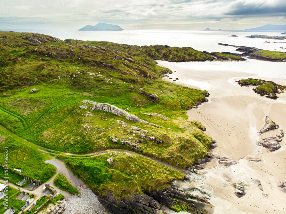 Abbey Island, the idyllic patch of land in Derrynane Historic Park, famous for ruins of Derrynane Abbey and cementery, County Kerry, Ireland - obrazy, fototapety, plakaty 