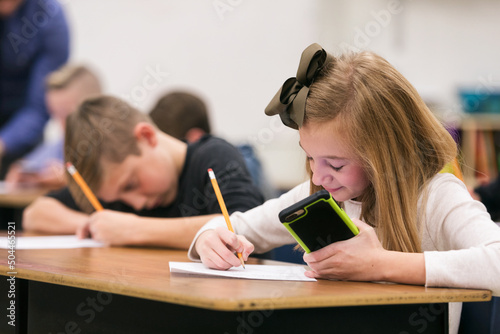 Classroom: Girl Uses Cell Phone While Doing Classwork photo