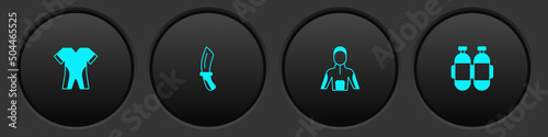 Set Wetsuit for scuba diving, Diving knife, and Aqualung icon. Vector