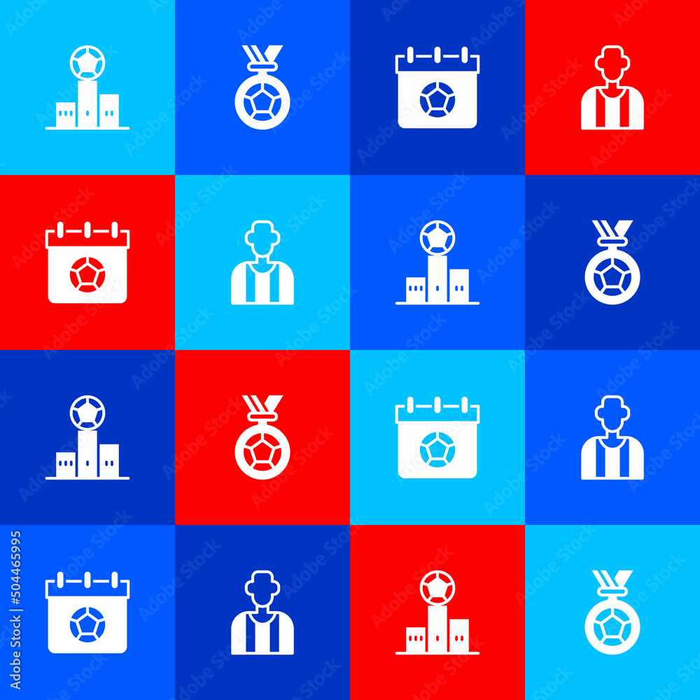 Set Award over sports winner podium, Football soccer medal, calendar and referee icon. Vector Set Award over sports winner podium, Football soccer medal, calendar and referee icon. Vector