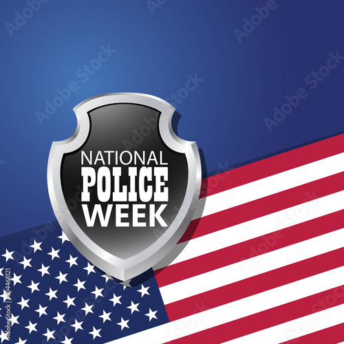 National Police Week in May. Celebrated annual in United States. In honor of the police hero. Police badge and patriotic elements. Officers Memorial Day. Poster, card, banner. EPS10 vector.