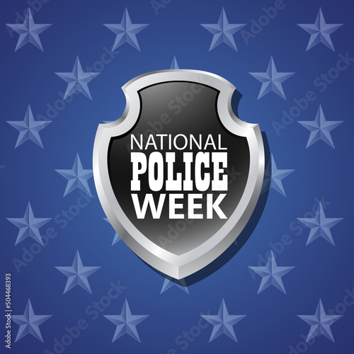 National Police Week in May. Celebrated annual in United States. In honor of the police hero. Police badge and patriotic elements. Officers Memorial Day. Poster, card, banner. EPS10 vector.