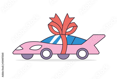 New pink luxury coupe sports car with a red bow and ribbon isolated vector, gift or prize.