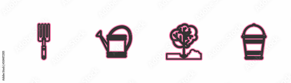 Set line Garden fork, Planting tree in the ground, Watering can and Bucket icon. Vector Set line Garden fork, Planting tree in the ground, Watering can and Bucket icon. Vector